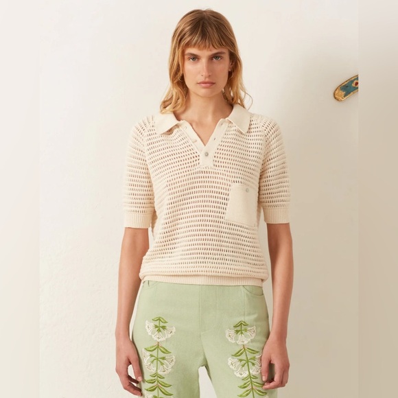 Alix of Bohemia Cream Lessi Oyster Crochet Top Polo Shirt NWT - Picture 5 of 5